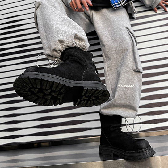 Wrinkled faux suede boots black tractor sole slip on ankle shoes hiking shoes edgy work trainers