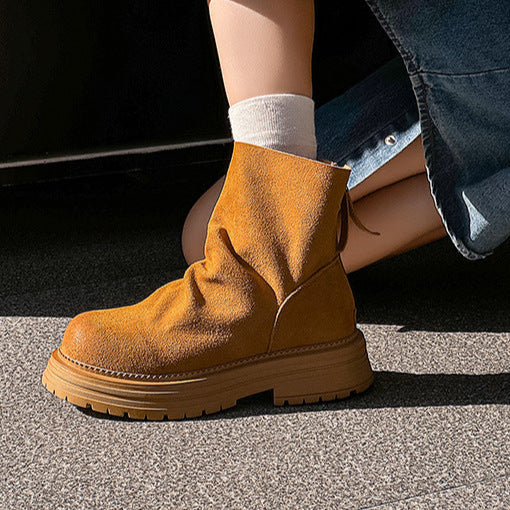 Wrinkled faux suede boots black tractor sole slip on ankle shoes hiking shoes edgy work trainers