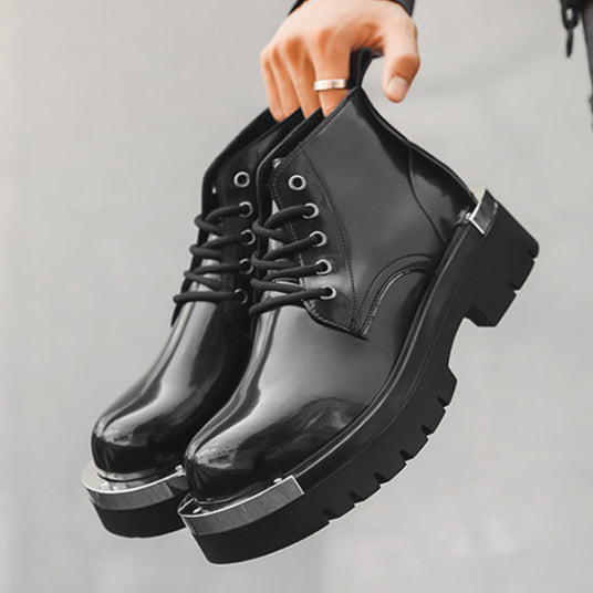 Metal plated ankle boots black shiny patent faux leather chunky sole round toe grunge shoes