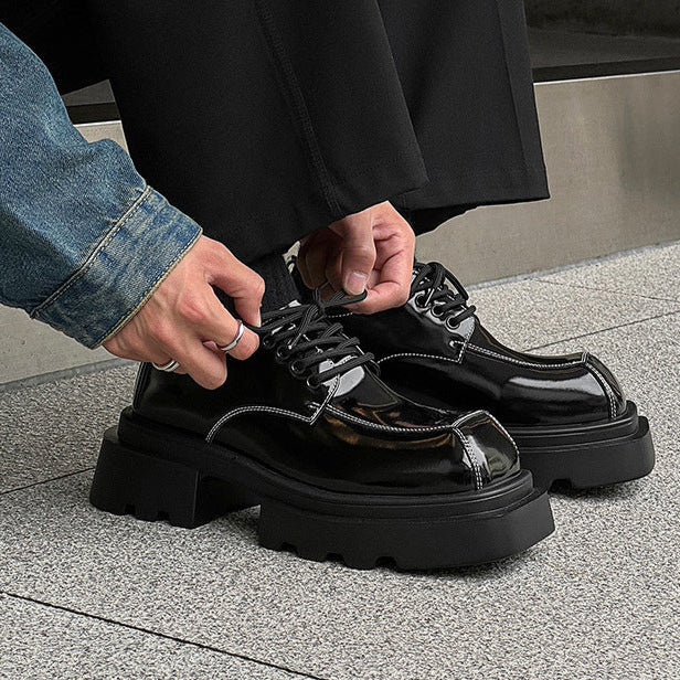 Square toe Derby shoes black shiny chunky sole brogues catwalk shoes grunge fashion boots