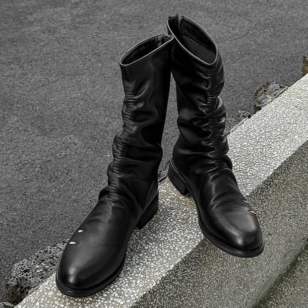 Long wrinkled catwalk boots black faux leather flat sole ankle shoes punk rocker shoes edgy 90s style