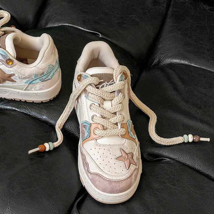 Star patchwork sneakers beige sea life shoes chunky sole hip-hop trainers 00s style