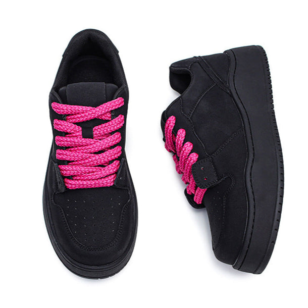 Chunky platform high tops black rave sneakers pink laces grunge shoes hip-hop trainers 00s style