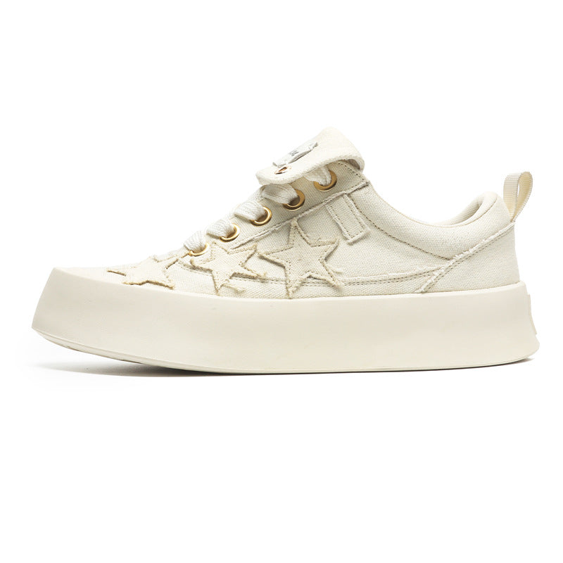 Star patchwork denim sneakers beige denim shoes chunky sole hip-hop trainers 00s style