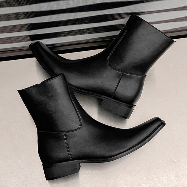 Pointy toe unisex boots black faux leather cowboy shoes high heel catwalk Chelsea boot