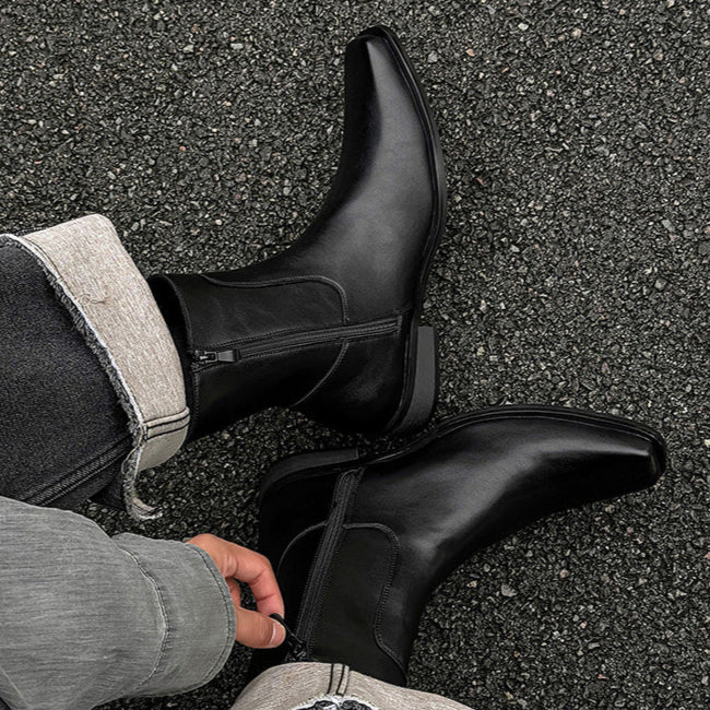 Pointy toe unisex boots black faux leather cowboy shoes high heel catwalk Chelsea boot