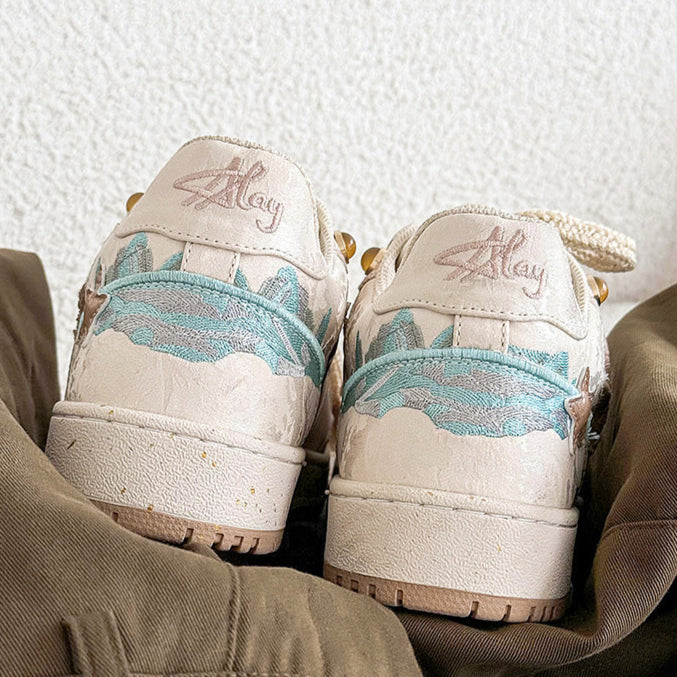 Star patchwork sneakers beige sea life shoes chunky sole hip-hop trainers 00s style