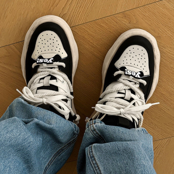 Melted platform sneakers black round toe chunky skater shoes grunge hip-hop trainers