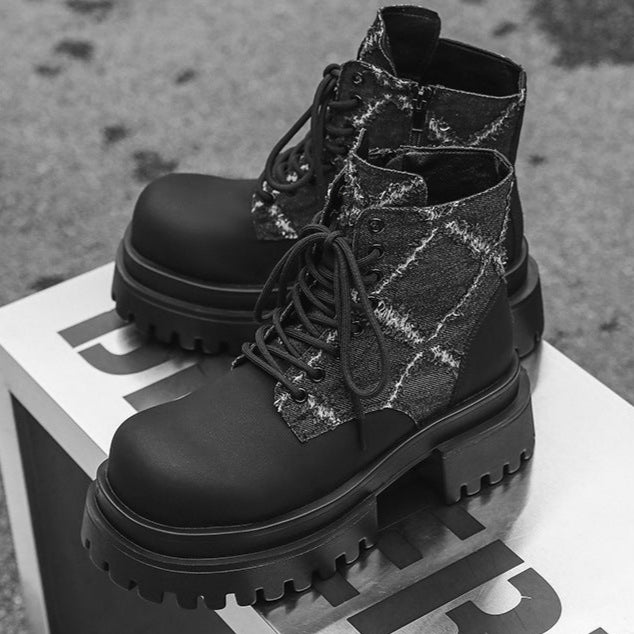 Utility denim finish boots black tractor platform catwalk shoes big sole grunge punk trainers 90s style