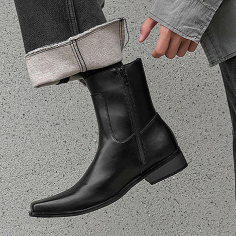 Pointy toe unisex boots black faux leather cowboy shoes high heel catwalk Chelsea boot