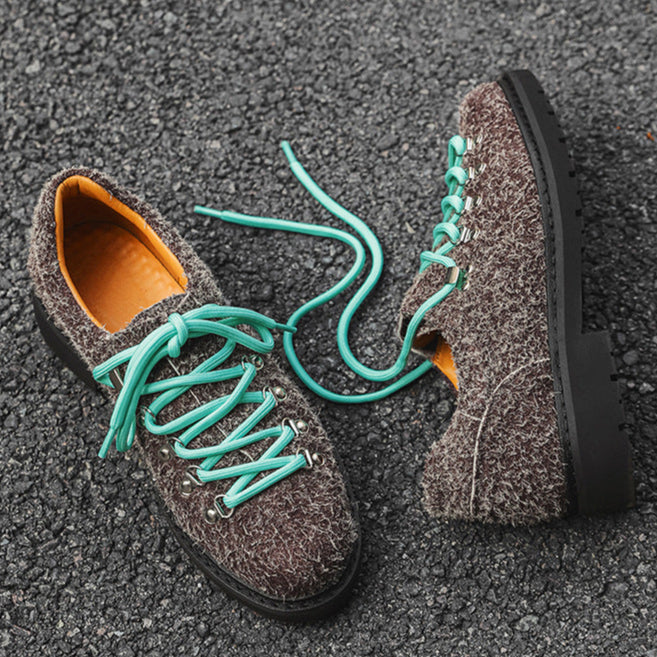 Hiking style shoes brown flat sole round toe suede feel boat sneakers grunge retro casual mountain trainers