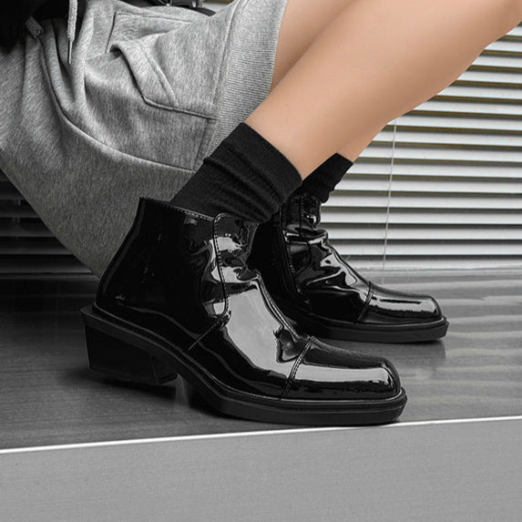 Pointy toe shiny ankle boots black unisex patent faux leather cowboy shoes high heel catwalk Chelsea boot