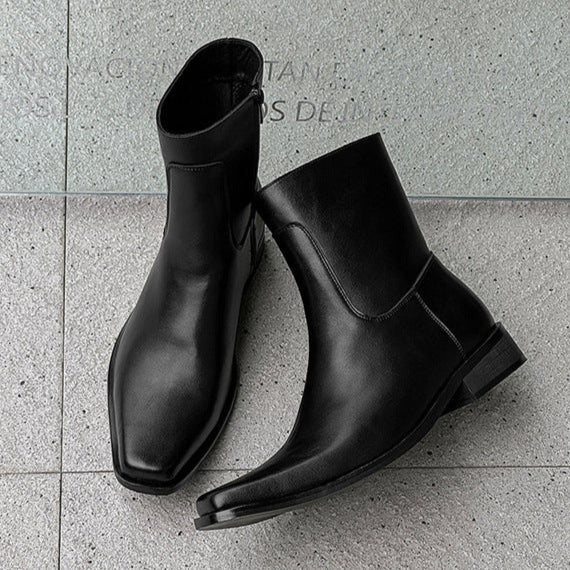 Pointy toe unisex boots black faux leather cowboy shoes high heel catwalk Chelsea boot