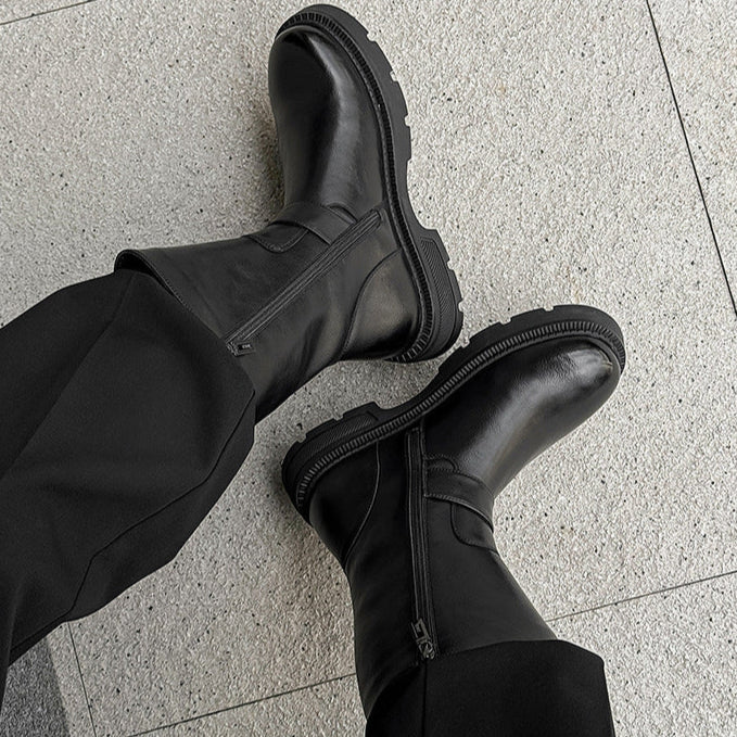 Side buckle hunter boots black low sole mountain shoes 00s grunge catwalk style faux leather