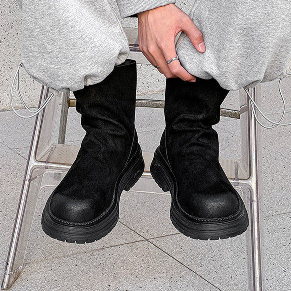 Wrinkled faux suede boots black tractor sole slip on ankle shoes hiking shoes edgy work trainers