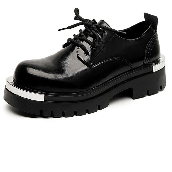 Metal plated Derby shoes matte black chunky sole round toe brogues faux leather catwalk shoes grunge fashion