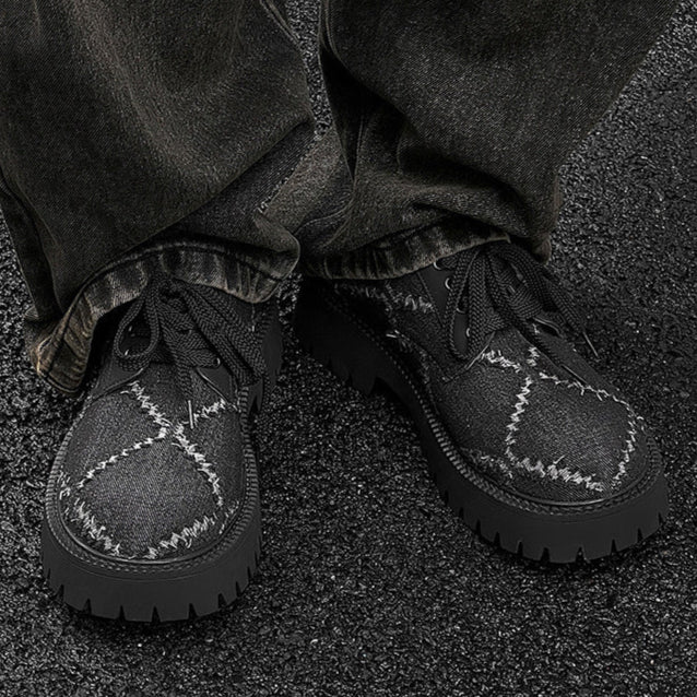 Distressed denim smart shoes grey ripped grunge Derby boots classic smart retro sneakers