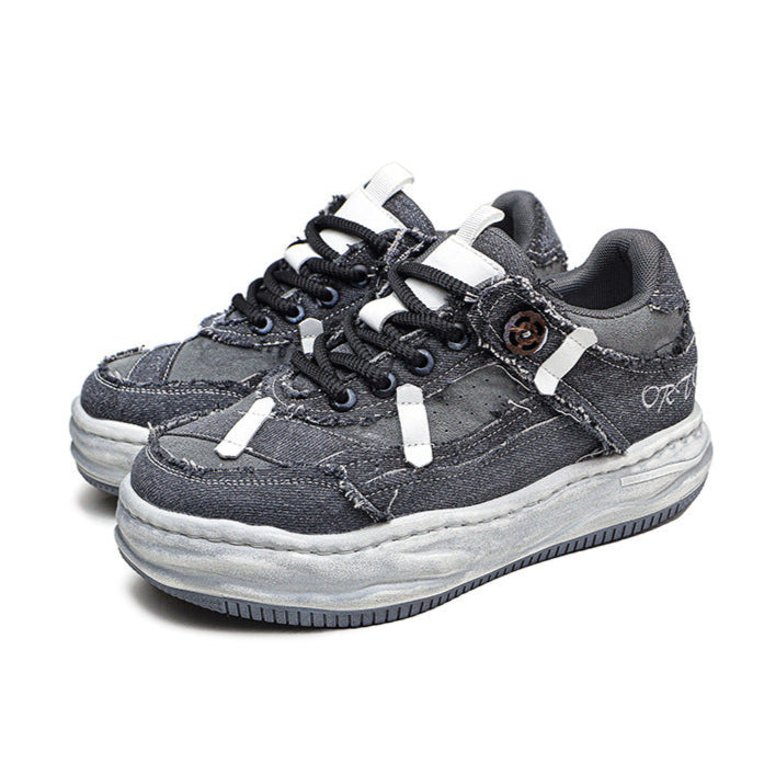Melted platform denim sneakers grey round toe chunky skater shoes grunge jean trainers