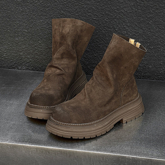 Wrinkled faux suede boots black tractor sole slip on ankle shoes hiking shoes edgy work trainers