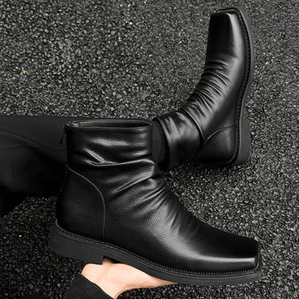 Square toe winkled ankle boots black faux leather flat sole Gothic style shoes grunge punk rocker trainers 80s style