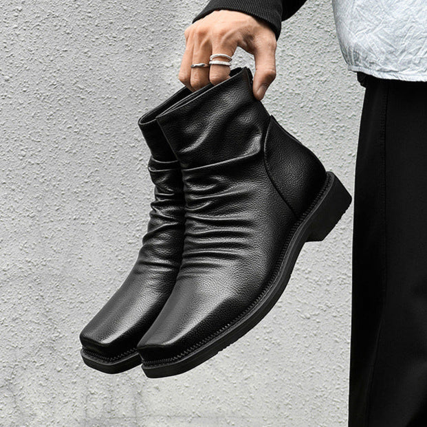 Square toe winkled ankle boots black faux leather flat sole Gothic style shoes grunge punk rocker trainers 80s style