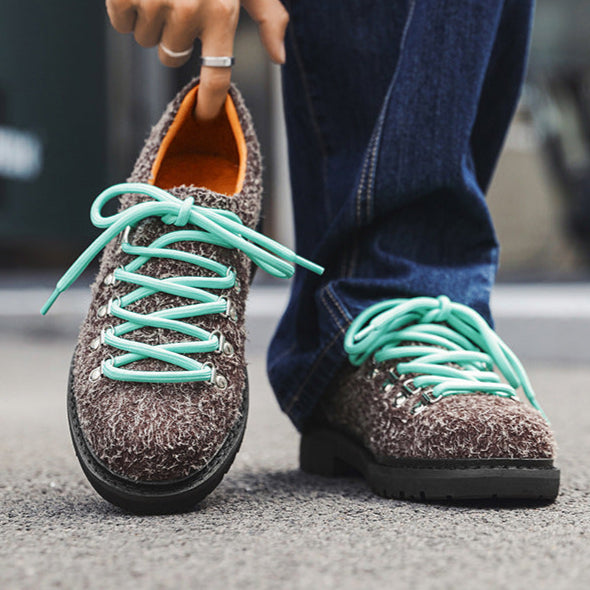 Hiking style shoes brown flat sole round toe suede feel boat sneakers grunge retro casual mountain trainers