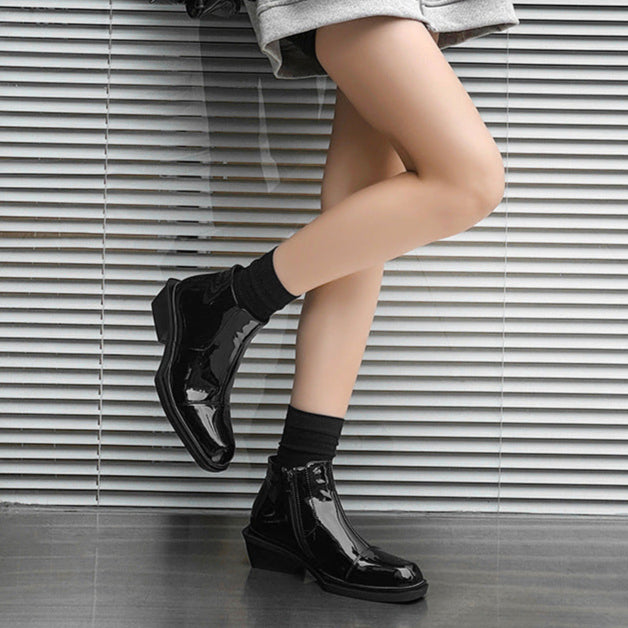 Pointy toe shiny ankle boots black unisex patent faux leather cowboy shoes high heel catwalk Chelsea boot
