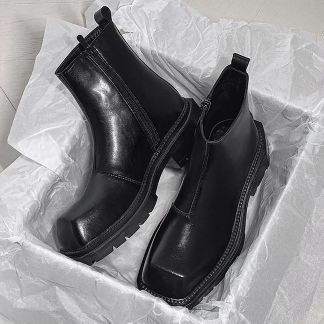 Square toe platform boots black chunky sole punk rocker shoes 90s style grunge ankle boots