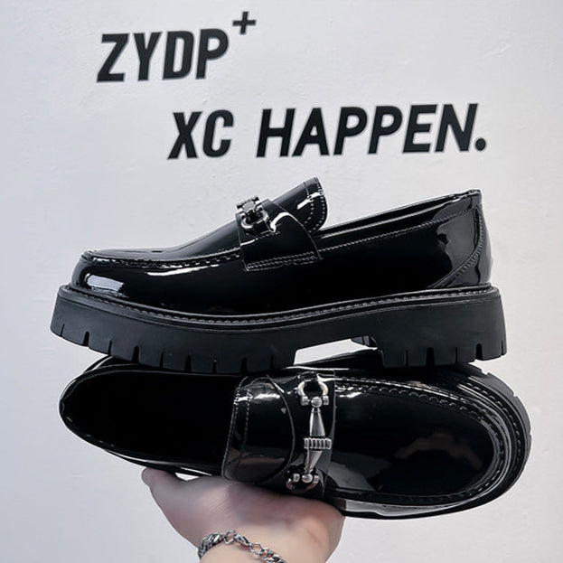 Square toe chained boat shoes black shiny patent faux leather chunky sole smart boots