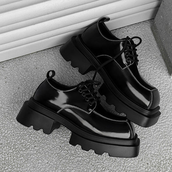 Square toe Derby shoes black shiny chunky sole brogues catwalk shoes grunge fashion boots
