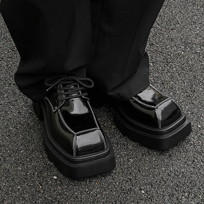 Square toe Derby shoes black shiny chunky sole brogues catwalk shoes grunge fashion boots