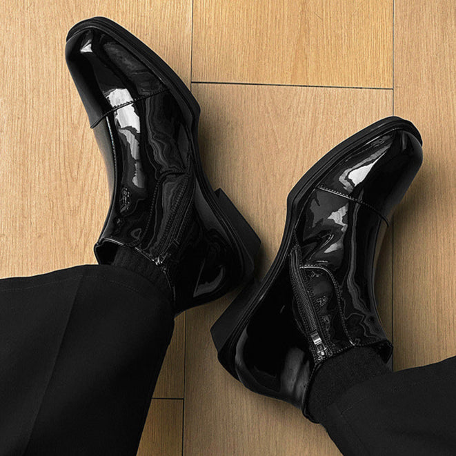 Pointy toe shiny ankle boots black unisex patent faux leather cowboy shoes high heel catwalk Chelsea boot