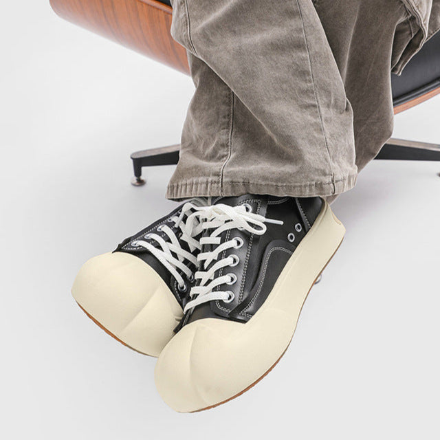 Platform faux leather sneakers black futuristic round toe chunky sole skater shoes grunge punk trainers