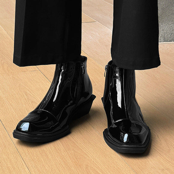 Pointy toe shiny ankle boots black unisex patent faux leather cowboy shoes high heel catwalk Chelsea boot