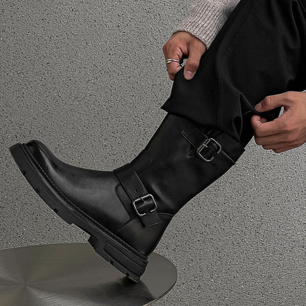 Side buckle hunter boots black low sole mountain shoes 00s grunge catwalk style faux leather