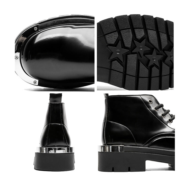Metal plated ankle boots black shiny patent faux leather chunky sole round toe grunge shoes