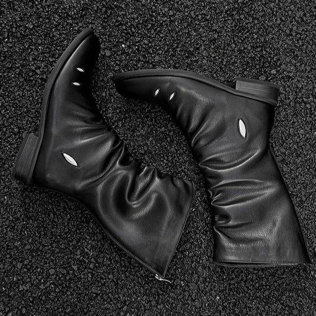 Long wrinkled catwalk boots black faux leather flat sole ankle shoes punk rocker shoes edgy 90s style