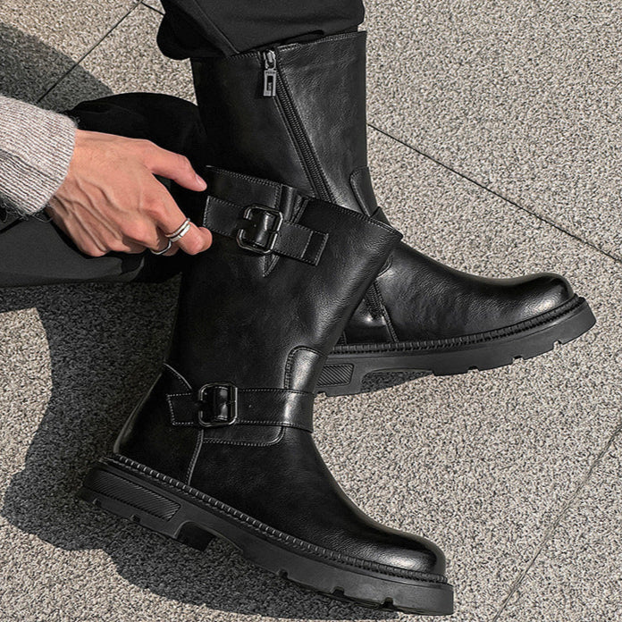 Side buckle hunter boots black low sole mountain shoes 00s grunge catwalk style faux leather