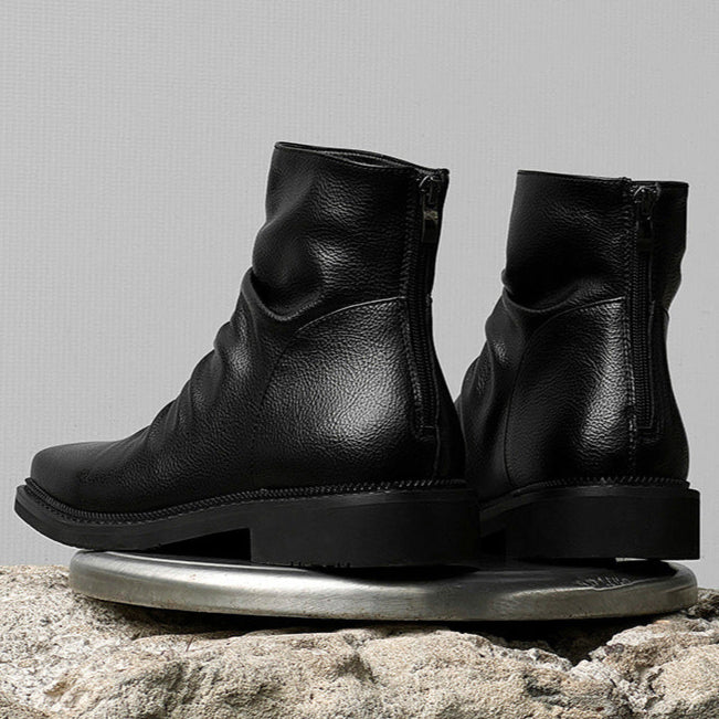 Square toe winkled ankle boots black faux leather flat sole Gothic style shoes grunge punk rocker trainers 80s style