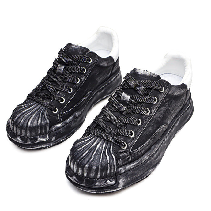 Oil wash melted platform sneakers black round toe chunky skater shoes grunge rapper trainers