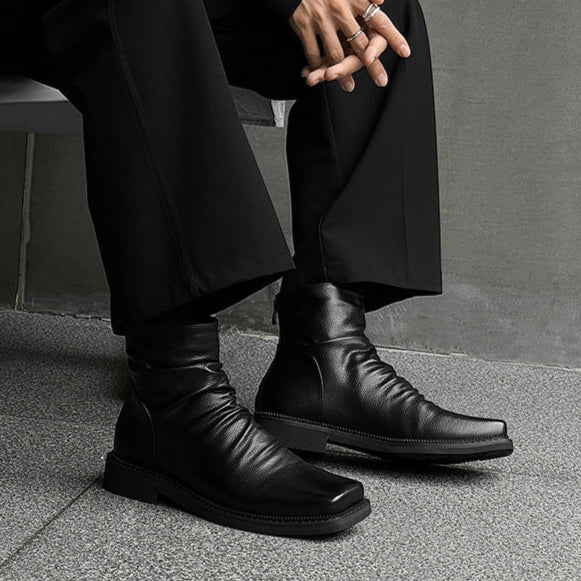 Square toe winkled ankle boots black faux leather flat sole Gothic style shoes grunge punk rocker trainers 80s style