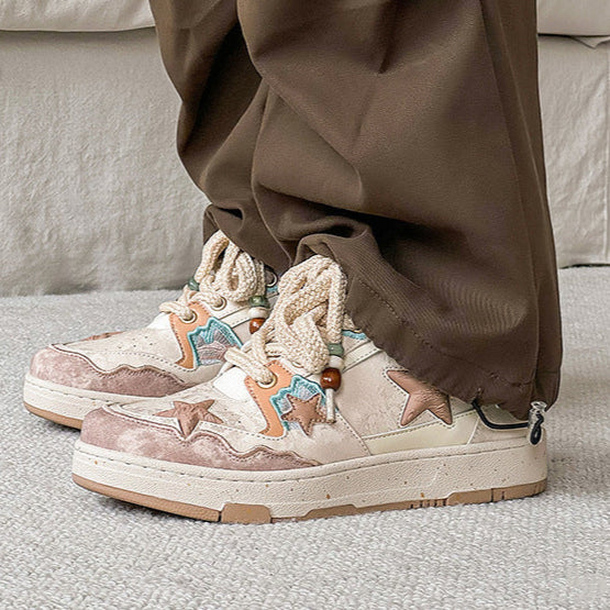 Star patchwork sneakers beige sea life shoes chunky sole hip-hop trainers 00s style