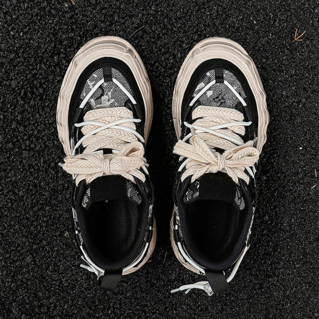 Melted platform denim sneakers camo round toe chunky skater shoes grunge jean trainers