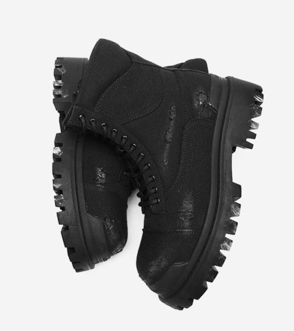 Grunge denim boots black ripped jean ankle shoes tractor sole hiking shoes edgy mountain trainers