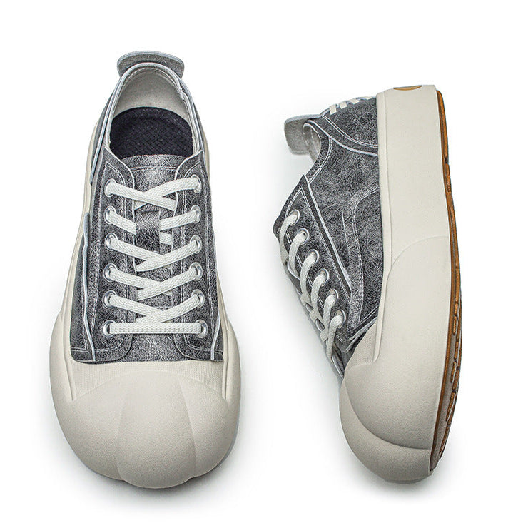 Platform faux leather sneakers grey futuristic round toe chunky sole skater shoes grunge punk trainers