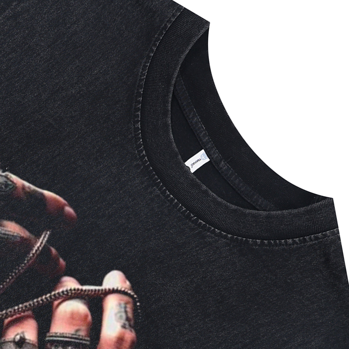 Tattoo print sleeveless t-shirt saint slogan surfer vest 00s hip-hop tank top in acid wash black