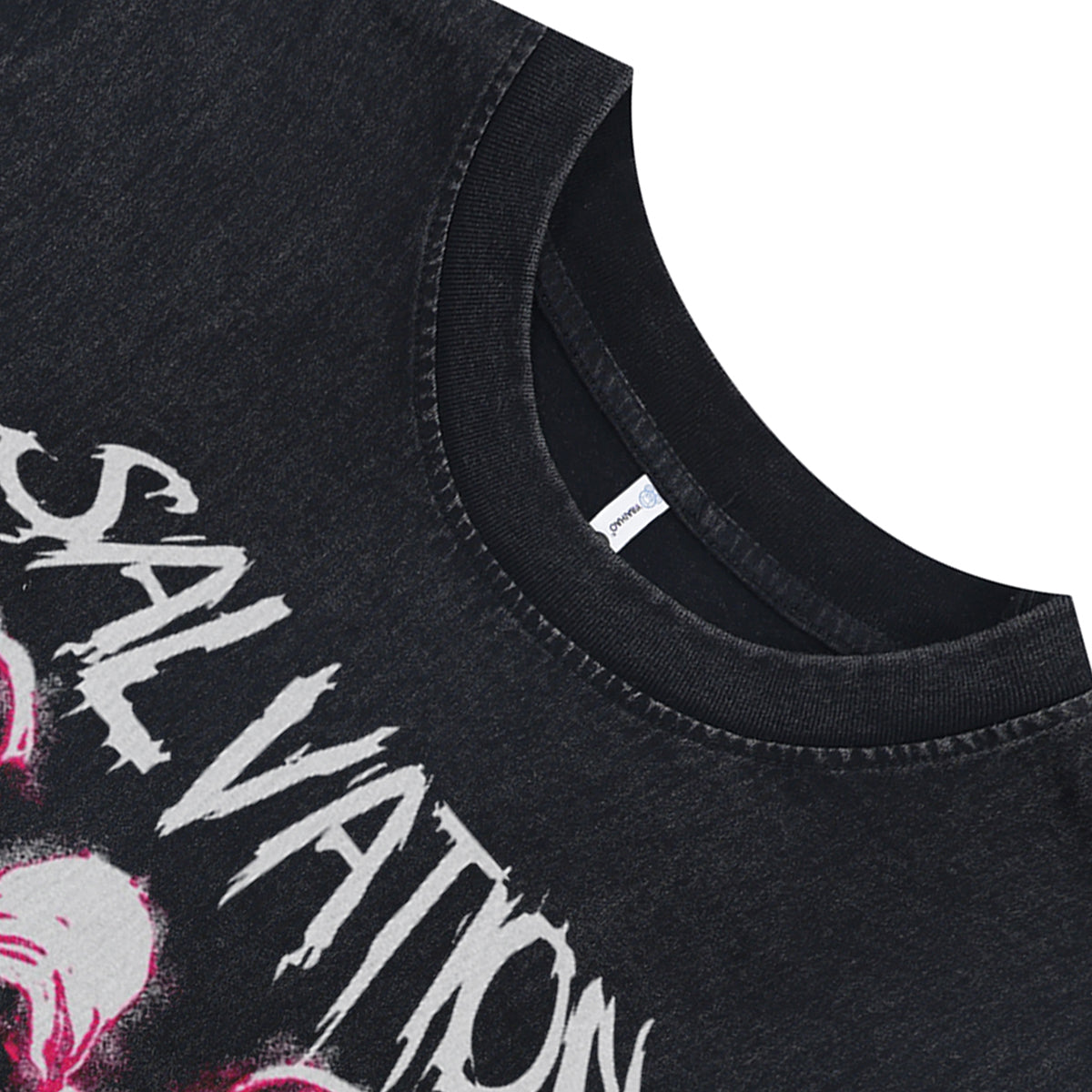 Salvation slogan sleeveless t-shirt creepy gothic surfer vest horror angel tank top in acid wash black