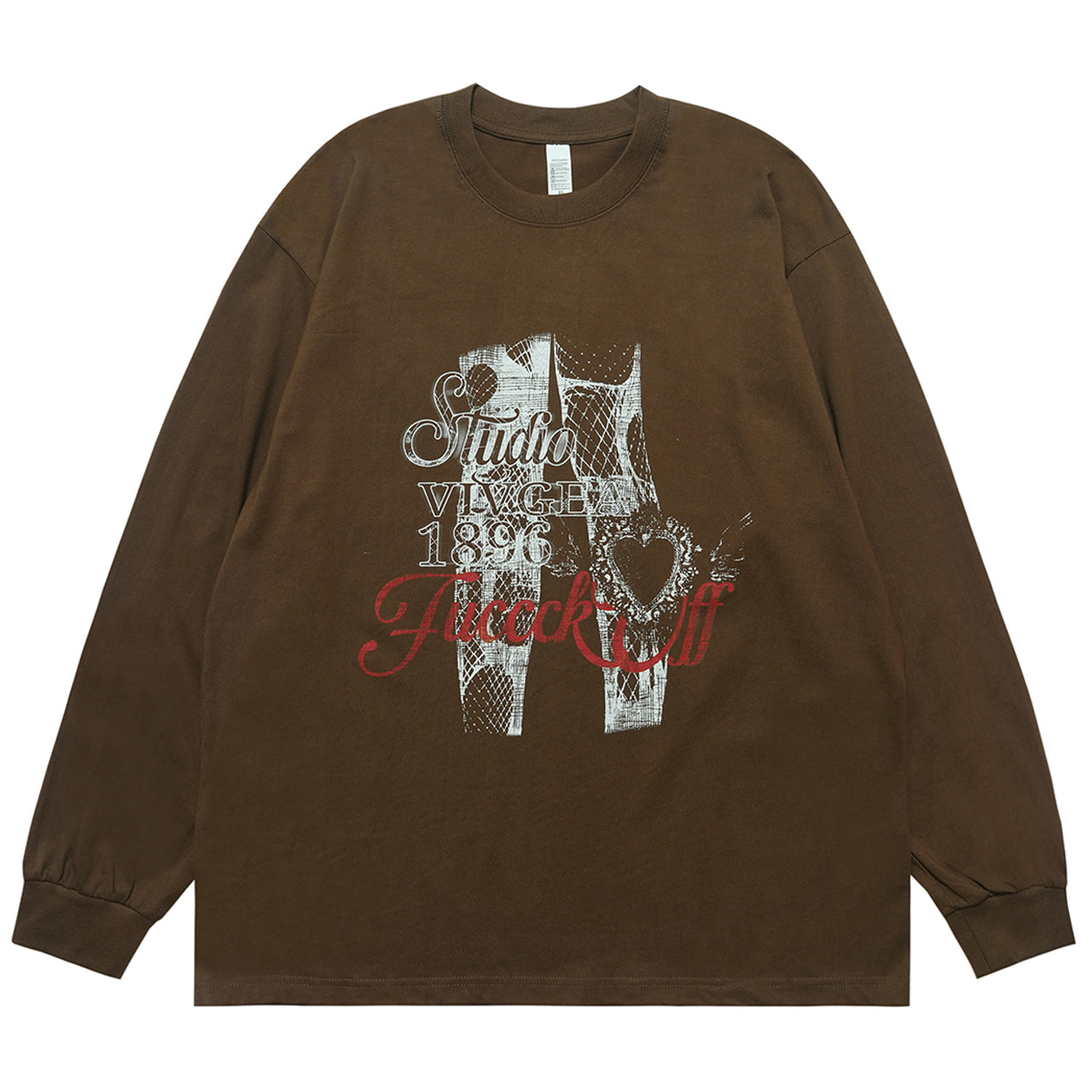 Fuck off slogan jumper pinup girl print top long sleeve retro grunge t-shirt in brown
