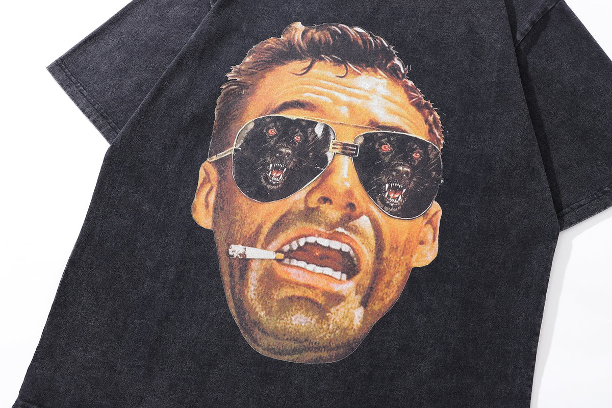 Scared face t-shirt wolf print tee retro poster top in vintage grey