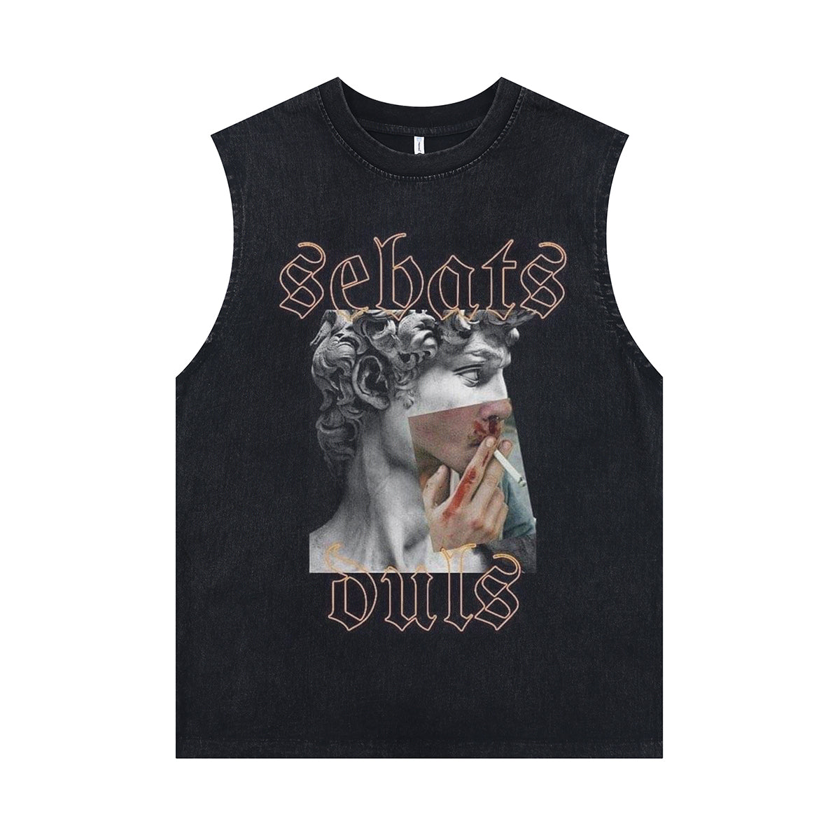 Pop art sleeveless t-shirt retro sculpture print surfer vest grunge tank top in acid wash black